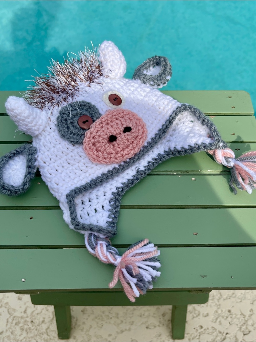 Handmade Crochet Cow Earflap Hat – White/Pink – Newborn Size - Picture 4 of 4